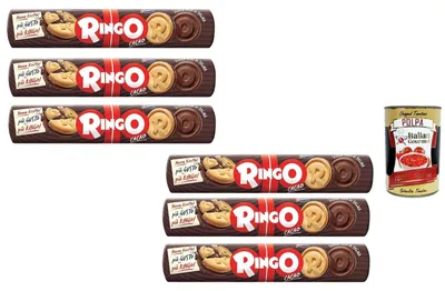 Produktbild von Pavesi Italian Gourmet Bundle Ringo Kekse mit Kakaofüllung 6x 165g + Italian Gourmet Polpa Gratis – Knusprige Doppelkekse mit Kakao Cremefüllung – Italienische Süßwaren, Snack Kekse, Kaffeegebäck, Family