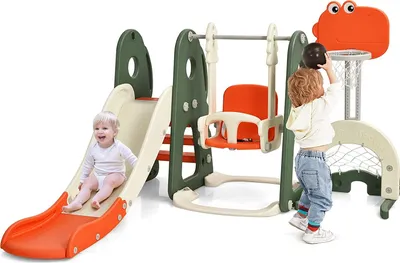 Produktbild von 5 in 1 Kinderrutsche mit Schaukel und Basketballkorb Fußballtor Golfloch, Kinder Rutsche- und Schaukelset, Kinder Spielplatz für Indoor und Outdoor (Orange)