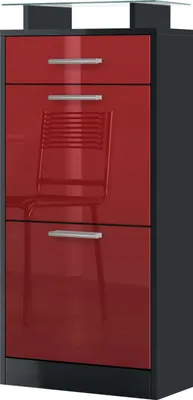 Produktbild von Vladon Schuhschrank Loret V2, Schuhkipper für 8 Paar Schuhe mit 2 Klappen, 1 Schublade und Glasablage, Schwarz matt/Bordeaux Hochglanz (46 x 104 x 23 cm)