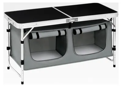 Produktbild von Faltbarer Campingschrank Alu Campingtisch höhenverstellbar mit Stauraum, Outdoor Campingmöbel Klapptisch Gartentisch für Picknick und Strand, Schwarz+Grau