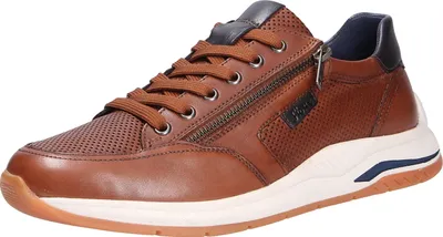A single brown leather shoe is shown against a white background.