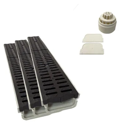 Produktbild von 3x Xanie Entwässerungsrinne Kunststoffrost Klasse B 100cm + Ablaufanschluss-Set vertikal