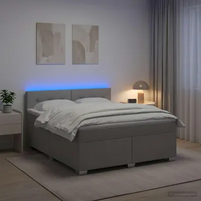 Image de Lit à lattes avec sommier intégré, matelas et éclairage LED, couleur gris clair, dimensions 180 x 200 cm, revêtement en tissu