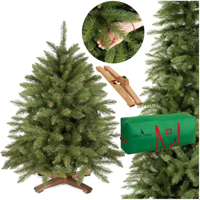 A collage of images showing a Christmas tree, its stand, and storage bag.