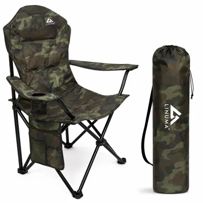 Produktbild von LINUMA® Luxus Faltstuhl CAMOUFLAGE Campingstuhl Anglerstuhl mit Getränkehalter & Tragetasche Anglersessel klappbar  Klappstuhl Gartenstuhl Faltstuhl, KI-generiertes Bild