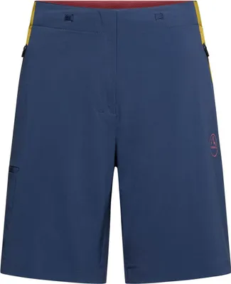 Dunkelblaue Shorts für Damen von La Sportiva mit gelben Details und Logo.