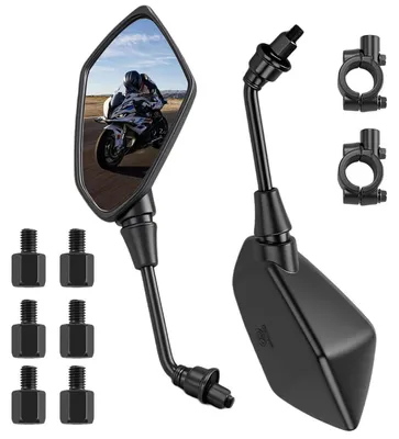 Zdjęcie produktu dla Zestaw luster do motocykla, 2 sztuki, obrót o 360°, mocowanie do kierownicy, średnica 22 mm, gwint M8/M10, certyfikat E, kolor czarny