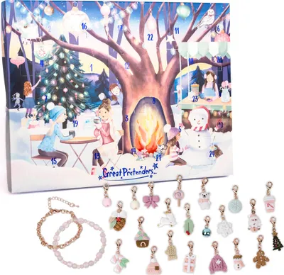 Adventskalender mit Wintermotiv und 24 Türchen, darunter Armbänder und Charms sichtbar.