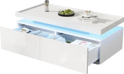 Image de OKWISH Table basse avec éclairage LED, table de salon moderne avec 2 tiroirs, finition brillante, design géométrique minimaliste, blanc