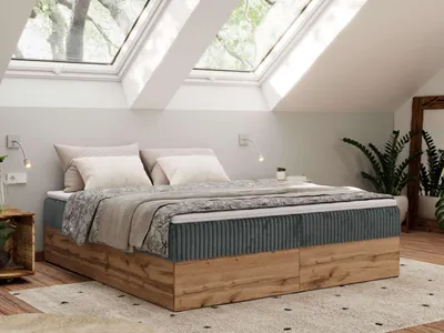 Produktbild von MKS MEBLE Boxspringbett, Polsterbett WOOD ZERO ohne Kopfteil, mit Stauraum & Bettkasten, 7-Zonen-Taschenfederkernmatratze, modernes Doppelbett in Holzoptik - Grau Cord - H3 - Topper T25
