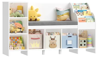 Image de Bibliothèque pour enfants - Meuble à jouets avec banquette de lecture - Rangement en bois de 138,5 cm - Pour chambre d'enfant - Blanc
