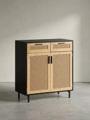 Produktbild von Sideboard 80x86,5x40 cm Kommode Schwarz mit Wiener Geflecht, Hoher Kommodenschrank Zeitlos, Standschrank Wohnzimmer mit 2 Türen und Schubladen, Anrichte Rattan