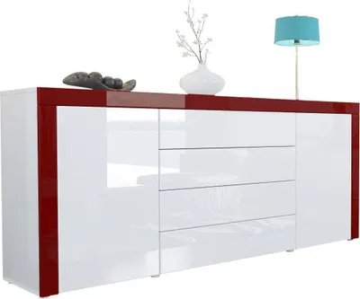 Produktbild von Vladon Sideboard Kommode La Paz,  Germany, Korpus in Weiß Hochglanz / Front in Weiß Hochglanz mit Rahmen in Bordeaux Hochglanz