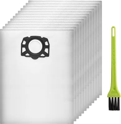 A stack of white vacuum cleaner bags with a black connector and a green cleaning brush on a white background.