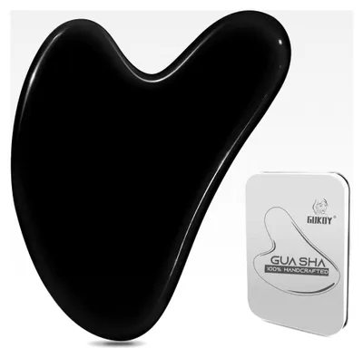 Produktbild von Gua Sha Gesichtsbehandlung mit Jade Naturstein in Herzform - Massagewerkzeug für Gesicht, Augen und Hals zur Hautpflege und Entspannung der Muskulatur (Schwarz)