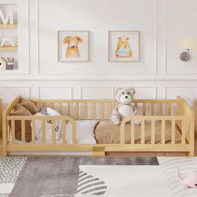 Produktbild von Flieks Kinderbett 90*200 cm mit Sicherheitsgitter, Mittelzugang, Holzbett Einzelbett, Kinder Klassisches Bett, Naturholz