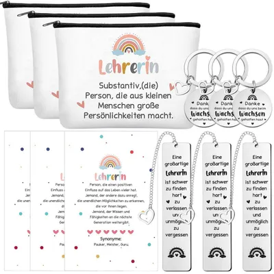 Immagine prodotto di Set regalo per insegnante, composto da 3 elementi: pochette per cosmetici, biglietti di ringraziamento, portachiavi, segnalibri. Materiali: poliestere e cotone, carta, acciaio inossidabile
