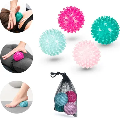 Image de Gymtek® Set de balles de massage Balle hérisson dure, Set de balles de fascias - Ø 6.5cm, 4 pièces - pour l'évacuation du stress et le massage, Mini balle de fascias avec sac en filet cordon de serrage