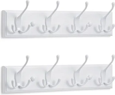 Obrázok produktu pre Unyqoos® Nástenná vešiaková sada, biela, 2 kusy – 42 cm, s 4 trojitémi háčikmi, lišta na vešanie na stenu, vhodná do chodby, spálne a kúpeľne, nosnosť do 20 kg