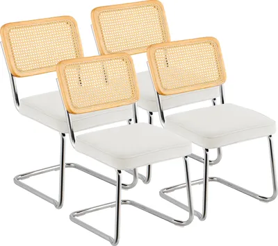 Produktbild von VEVOR Rattan-Stühle, 4er-Set, Moderner Esszimmerstuhl, Gepolsterter Samt-Akzentstuhl mit Rattan-Rückenlehne, Retro-Esszimmer-Küchenstuhl für Wohnzimmer, Schlafzimmer, Lesezimmer, Weiß