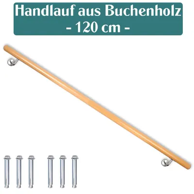 Obrázok produktu pre Bukové drevené madlo Schodiskové zábradlie Zábradlie pre schody Nástenné madlo Bočná montáž na stenu Výber dĺžky 50 – 500 cm, dĺžka: 120 cm