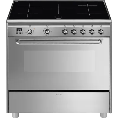 Produktbild von Smeg SCD90IMX9-1 Elektroherd, Edelstahldekor, 115 l Volumen, 90 cm Breite, , Ober-/Unterhitze + Umluft, 5 Kochfelder, Hitzeschutz-TÃ1/4r, Selbstreinigungsfunktion, Display, integrierte Uhr
