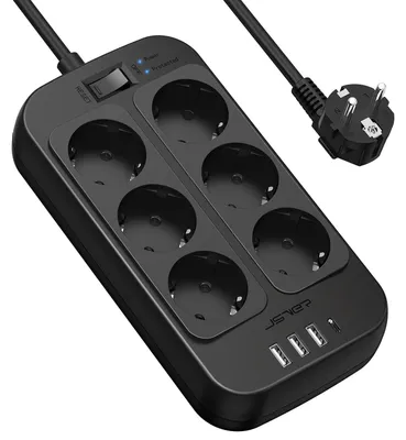 Obrázok produktu pre Zásuvková lišta s USB portami, 6 zásuviek, 3 USB-A porty a 1 USB-C port, 3680 W s vypínačom