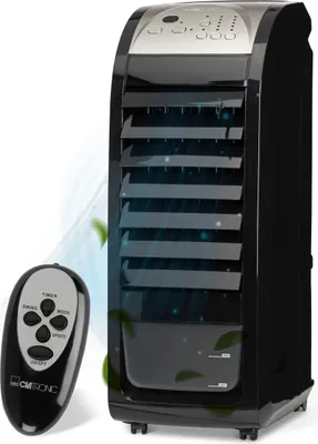 A black and silver air cooler with a remote control in front of it, with stylized blue air currents and green leaves around it.