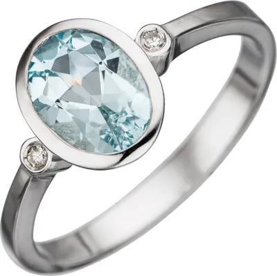 Produktbild von Ring Damenring mit Aquamarin blau hellblau & 2 Brillanten 585 Gold Weißgold Innenumfang 52mm  Ø16.6mm