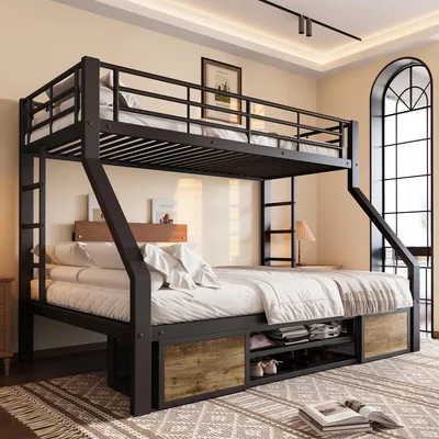 Produktbild von okwish Etagenbett 90/140x200 Kinderbett Bettgestell ohne Matratze mit Eisenrahmen und integriertem Schuhschrank,Doppelbett mit Schutzgittern und einer Leiter,schwarz