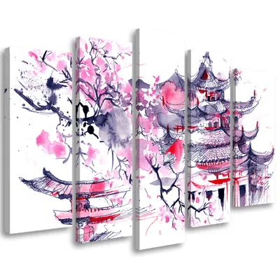 Produktbild von 5-teiliges leinwandbild japan rosa 200x100 cm Feeby rosa wandbild bereit zum aufhängen