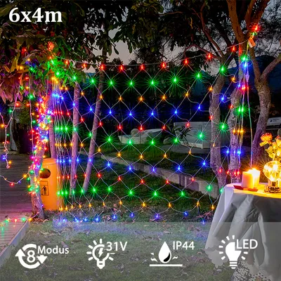 Productafbeelding van LZQ LED-lichtnet, 6 x 4 meter, 480 LED's. Lichtketting, gordijn van licht, net van verlichting, decoratie voor Kerstmis, geschikt voor binnen en buiten, Halloween, bruiloft, feest. Kleurrijk, donkergroene kabel