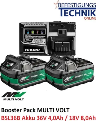 Produktbild von HiKOKI BoosterPack mit 2x MULTI VOLT Akkupacks BSL36B18X (36V/18V - 4 Ah/8 Ah) und Ladegerät