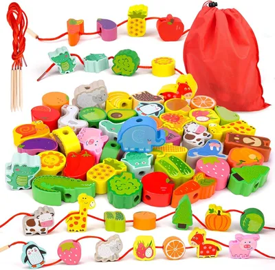 Produktbild von Montessori Spielzeug, Holzspielzeug Fädelspiel Geschenk Motorikspielzeug ab 3 4 5 Jahr Madchen Jungen Baby Kinderspielzeug Holzperlen für Kinder Gesch