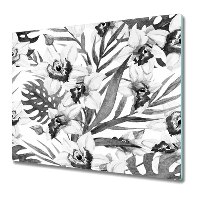 Produktbild von Küchenschneidebrett - Schneidebrett Glas - Herdabdeckung - 60x52 - Fensterblätter und Orchideen Grau