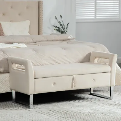 Produktbild von Samt-Stauraumhocker mit Armlehnen, gepolstert, mit Stauraum, 138 x 51 x 62 cm, Beige