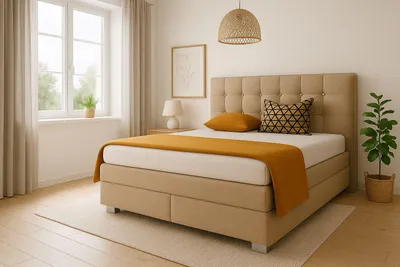 Produktbild von Boxspringbett VERONA 180 x 200 cm mit zwei 7-Zonen-Taschenfederkernmatratzen und gepolstertem Kopfteil. Farbe Beige