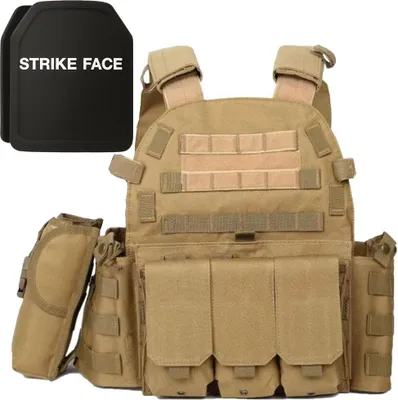 Immagine prodotto di Set gilet tattico regolabile + 2 piastre balistiche NIJ IV, Linovit®, per airsoft, paintball, tiro a segno, outdoor, caccia, materiale 600D Oxford, sistema MOLLE, resistente a proiettili perforanti 7,62 x 63 mm M2 AP, kaki