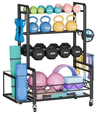 Obrázok produktu pre Omgoods – Štyrposchodový stojan na činky do posilňovne s úložným boxom