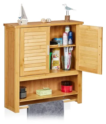 Produktbild von Badezimmerschrank Hängeschrank Bambus - Mit Handtuchhalter - Natur - 66 x 62 x 20 cm
