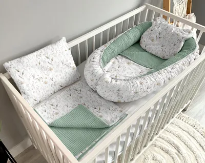 Produktbild von Babynest Kokon Nestchen für Neugeborene – 5-teiliges Set mit Decke und Kissen aus Baumwolle, Gras und schmutzige Minze