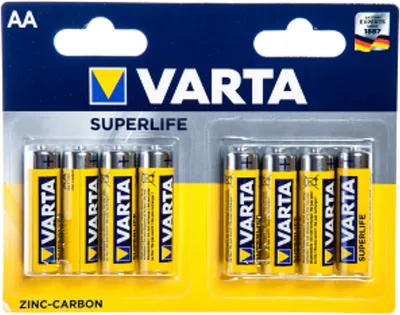 A blister pack of Varta AA Superlife Zinc-Carbon batteries.