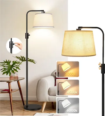 Image de Lampadaires LED 12 W - Lampadaire bohème moderne avec ampoule E27 et abat-jour en lin, 173 cm, lampe de lecture à trois couleurs avec éclairage par le bas