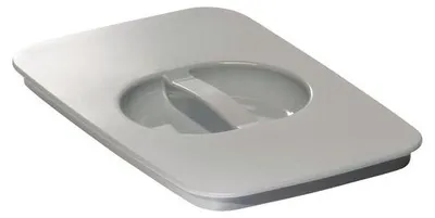 A close-up, angled view of a gray trash can lid with a handle.