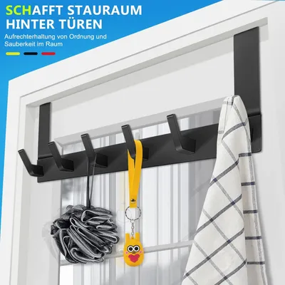 Produktbild von Türhaken,Türgarderobe zum Einhängen mit 6 Haken, ohne Bohren, Rostfrei,Hakenleiste Bad, Kleiderhaken Tür, für Flur, Bad, Küche, Tür, Handtuchhaken Tür