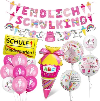 Produktbild von Einschulung Deko Set Mädchen Einhorn Schule Luftballon Banner Zuckertüte