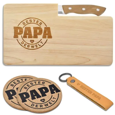 Immagine prodotto di Set di vassoi per la colazione per papà | Tavola in legno con incisione, portachiavi, sottobicchieri | Regalo per la festa del papà