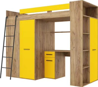 Produktbild von Hochbett VERANA L (Links) Etagenbett Entresole Bett 90x200 Kleiderschrank Regal Treppen CRAFT GOLD / GELB