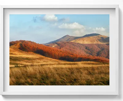 Produktbild von Berglandschaft im Herbst– Wandbild mit Rahmen – Gerahmtes Bild  – Wanddekoration – 80x60 cm –  Weiß Rahmen