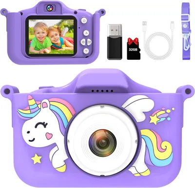 Immagine prodotto di Fotocamera per bambini 1080P con 32 GB, fotocamera selfie per bambini dai 3 anni in su, custodia in silicone a forma di unicorno, funzione di ricarica USB, musica e giochi, regalo per bambini e bambine